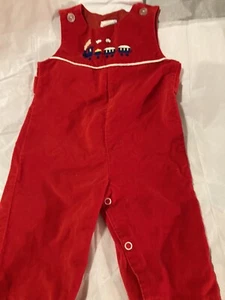 Vintage Red Velvet Overalls Christmas Embroidered Train 6-9 Months Snaps EUC! - Picture 1 of 13