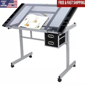 Adjustable Drafting Table Art Desk W/ Glass Top Storage Drawers Wheels Indoor US - Picture 1 of 4
