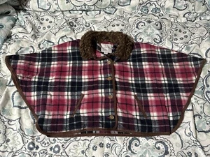 Janie and Jack Plaid Cape Parka Jacket Faux Fur Trim - Size 5-6, Gold Buttons - Picture 1 of 5