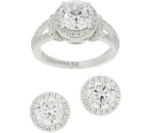 Diamonique CZ runder Halo Ring & Ohrstecker SET Ringgröße 7 Sterlingsilber Neu im Karton - Bild 1 von 8