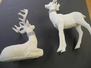(2) White Glitter Fabric Covered Reindeer Figurines - Tabletop Holiday Decor - Picture 1 of 7