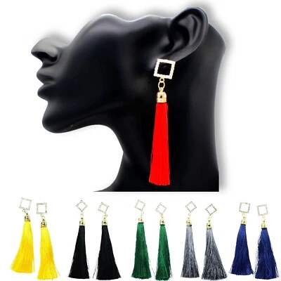 SQUARE RHINESTONES TASSEL EARRINGS BOHO SILKY DANGLE FRINGE TASSLE DROP DESIGN - Image 1 of 4