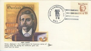 US #2196 First Day Cover Bret Harte $5 stamp with Plate # Gill Craft Cachet - Picture 1 of 1