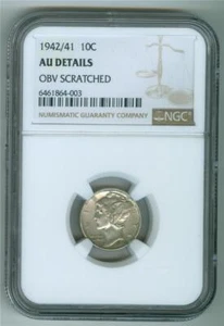 U.S. 1942/41 MERCURY DIME NGC AU DETAILS OBV SCRATCHED SCARCE KEY DATE - Picture 1 of 3