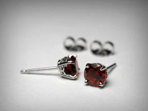 Genuine Garnet Stud Earrings. 5.0mm. Solid 14K White Gold. January Birthstone. - Picture 1 of 5