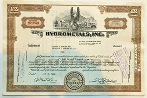 Hydrometals 1960 Illinois stock certificate - Picture 1 of 1
