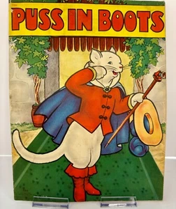 PUSS IN BOOTS #2364 Vintage Cloth-Like Children's Book 1941 Saalfield Pub. Co. - Imagen 1 de 7