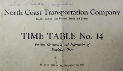 Horario de empleados de Seattle Everett Interurban North Coast Transportation 1930 Foto 1 de 4