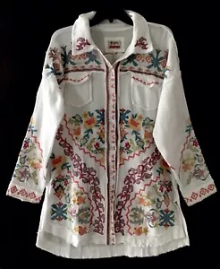 Johnny Was Ivory Thick Cotton Long Sleeve Embroidered Button Up Top New Medium - Picture 1 of 3