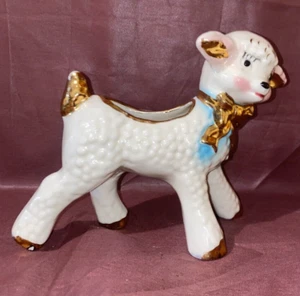 VTG Lamb Planter Ceramic with Gold Bow & trim Whimsical Nursery Decorative - Picture 1 of 12