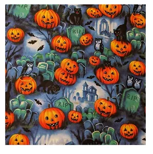 Halloween Pumpkin Quilters Cotton Fabric 2yd x 42" Black Cat Graveyard Bats Blue - Picture 1 of 7