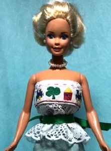 WHITE LACE TOP W/ FANCY BRAID & GREEN SATIN BELT HANDMADE ORIGINAL DOLL CLOTHES - Picture 1 of 3