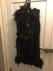 Adult Flapper Halloween Shiny Dress With Feathers, Headpiece, Boa And Fan -M- - Picture 1 of 12