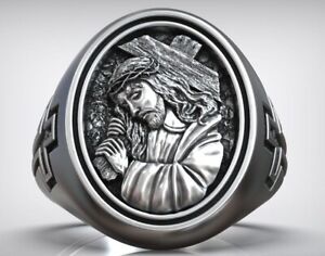 God Jesus crown thorns christian religious savior 925 Silver oxidized Men's Ring