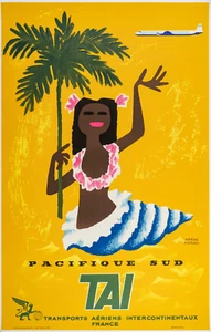 Affiche ancienne originale, Morvan, TAI Pacifique Sud, Tahiti, palmier coquillage 1955 - Photo 1/5