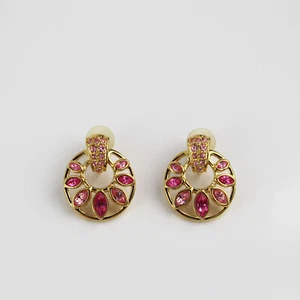 Vintage Signed Swarovski Swan Pink Crystal Rhinestone Hoop Gold Tone Earrings - Picture 1 of 5