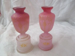 Antique pair pink Satin Cased Glass Vases hand painted enameled mustard Grapes - Picture 1 of 6