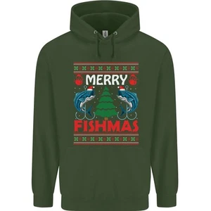 Merry Fishmas Funny Christmas Fishing Childrens Kids Hoodie - Picture 1 of 29