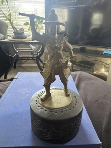 Burmese Warrior Copper Statue On Carved Wood With Box - Picture 1 of 21