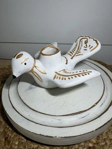 VTG White Pottery Mexico Gold Accented Dove Candle Holder - Picture 1 of 5