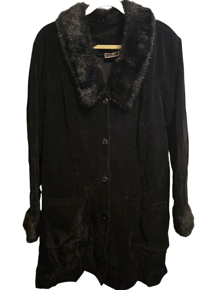 Abrigo sintético vintage Career Image Plus 2 bolsillos delanteros medio muslo terciopelo textura negro Foto 1 de 4