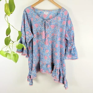Naudic Size 16 XL Top Blouse Blue Pink Floral 100% Cotton Long Sleeve - Bild 1 von 5