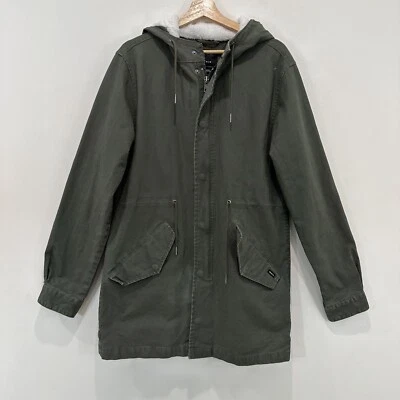 RVCA Jacket Men M Khaki Green Full Zip/Snap Sherpa Lined Hood Drawcord Lined - Image 1 of 4