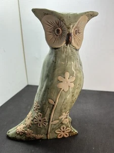 11” Green Ceramic Country Woodsy Owl Home Garden Decor Textured Flowers  - Picture 1 of 6