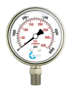 2" Pressure Gauge, Stainless Steel Case, Liquid Filled, Lower Mnt, 5000 PSI - Picture 1 of 4