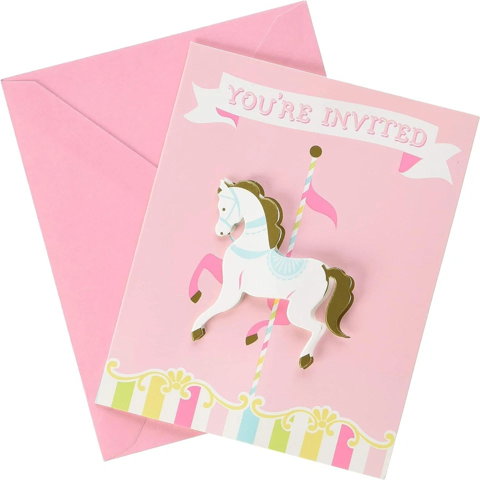 Carousel Horse Animal Pastel Pink Cute Baby Shower Party Invitations w/Envelopes - Image 1 of 1