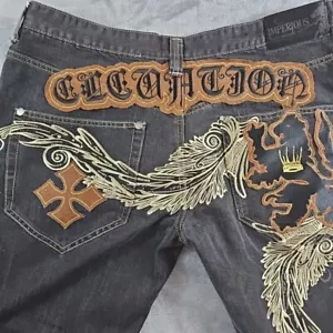 Jeans Delf Trading Imperious da uomo neri 38X30 Y2K ricamati larghi skate grunge - Foto 1 di 12