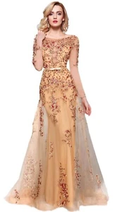 Formal Long Sleeves rhinestone beaded Embroidery Lace up Long Evening prom dress - Picture 1 of 8