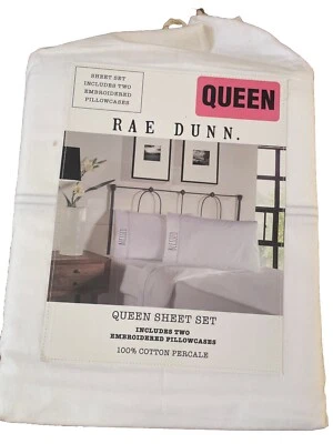 Rae Dunn "Blessed" Sheet Set White Cotton Embroidered Four Piece Queen Sheet Set - Image 1 of 4