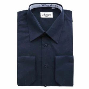 NEW BERLIONI ITALY MEN'S DRESS SHIRT FRENCH CONVERTIBLE CUFF LONG SLEEVE NAVY - Picture 1 of 1