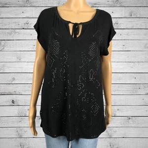 Smitten Shiny Studded Print Split Tie Neck Tunic Shirt XS Black Rayon Knit - Picture 1 of 9