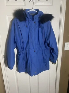 Bromley Sport Thermolite PlusHooded Coat Jacket Women's Size M Blue Fox Fur Trim - Picture 1 of 12