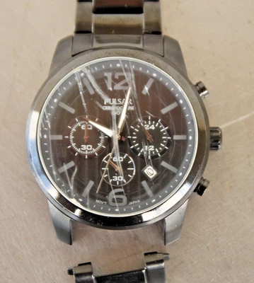 Pulsar VD53-X079 Chronograph Black Dial 100M Stainless Steel Mens Watch AS-IS #3 - Image 1 of 4