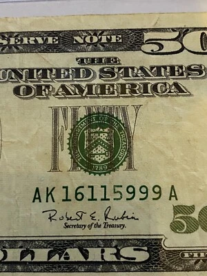 Rare 1996 $50 Note "16115999", Faded Ink Error #5 (See Pic), Triple+Double - Image 1 of 4
