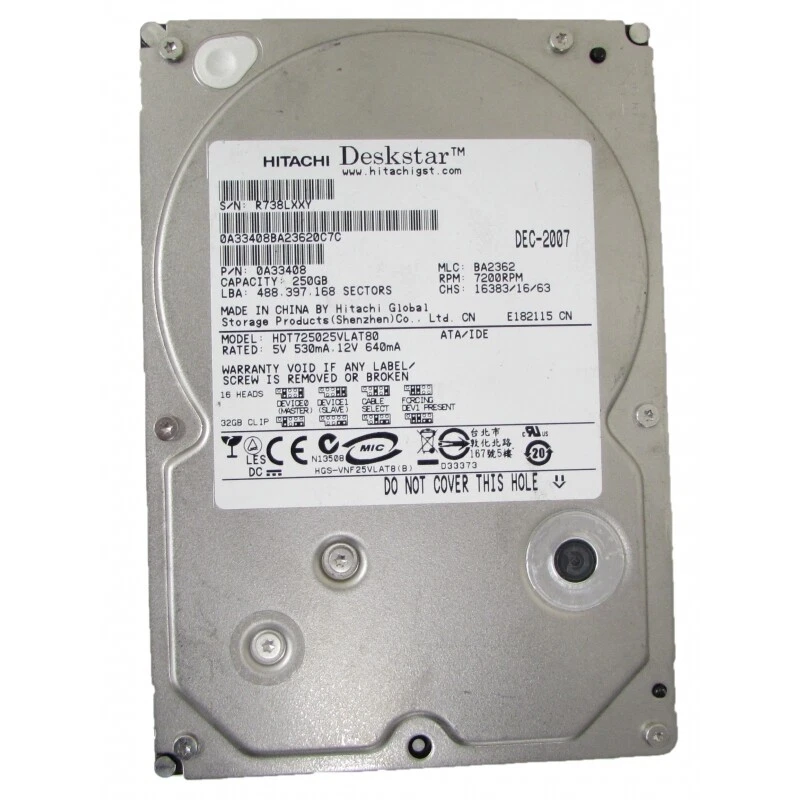 Hitachi Deskstar 250GB 3.5" HDD IDE PATA 7200 RPM T7K500 HDT725025VLAT80 - Image 1 of 1