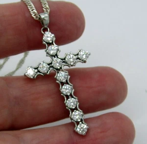 Estate Gorgeous Glittering Sterling Silver White Rhinestone Cross Necklace - Picture 1 of 4