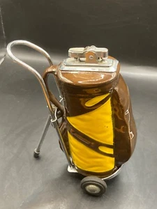 Vintage Table Lighter Ceramic Black and Yellow Golf Bag with Chrome Cart - Picture 1 of 19
