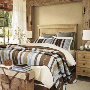 BEAUTIFUL SHABBY CHIC COUNTRY BROWN WHITE BLUE GREEN LEAF ROSE STRIPE QUILT SET - Picture 1 of 3