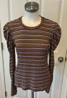 BCBG Max Azria Brown, White, & Purple Striped Shirt W/ Puff Shoulders, Size M