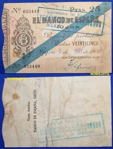 SPANISH CIVIL WAR 25 PESETAS GIJON 1936 NO SERIES 033449. THE ONE IN THE PICTURE. - Picture 1 of 1
