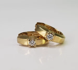 Modernist Gold Plated Sterling Silver Large CZ Gemstone Thick Hoop Earrings 14mm - Picture 1 of 10