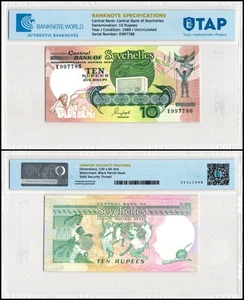 10 rupias de Seychelles, 1989 ND, P-32, UNC, billete autenticado - Imagen 1 de 1