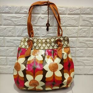 Women's Flower Power Fossil Handbag Tote Shopping Beach Bag Pink Orange Brown