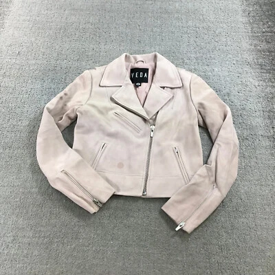 Chaqueta de Cuero Veda Mujer Pequeña P Clásica Cuero Moto Chaqueta Rosa Gamuza Cabra Foto 1 de 4