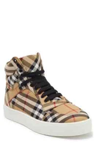 100% AUTHENTIC NEW WOMEN BURBERRY ANTIQUE CHECK HIGH TOPS SNEAKERS US 6.5 - Picture 1 of 6