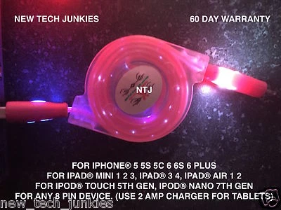 LED light RETRACTABLE data sync charger power cable for iPhone X 8 7 plus 6 5s c - Image 1 of 4